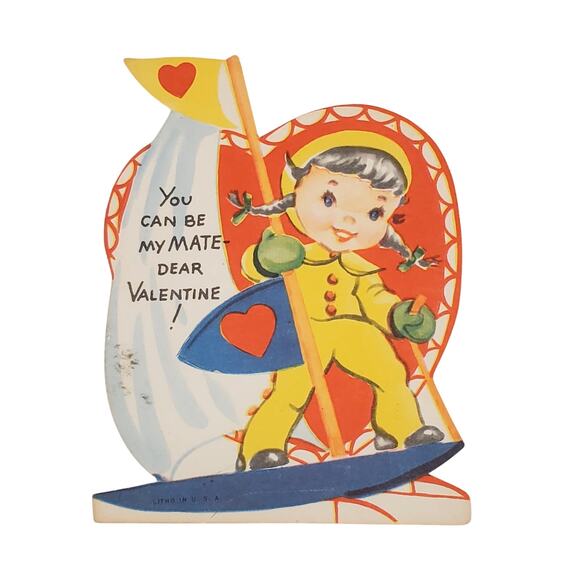 Vtg You Can Be My Mate Dear Valentine Young Girl Windsurfing Litho in USA 4" - Picture 1 of 5